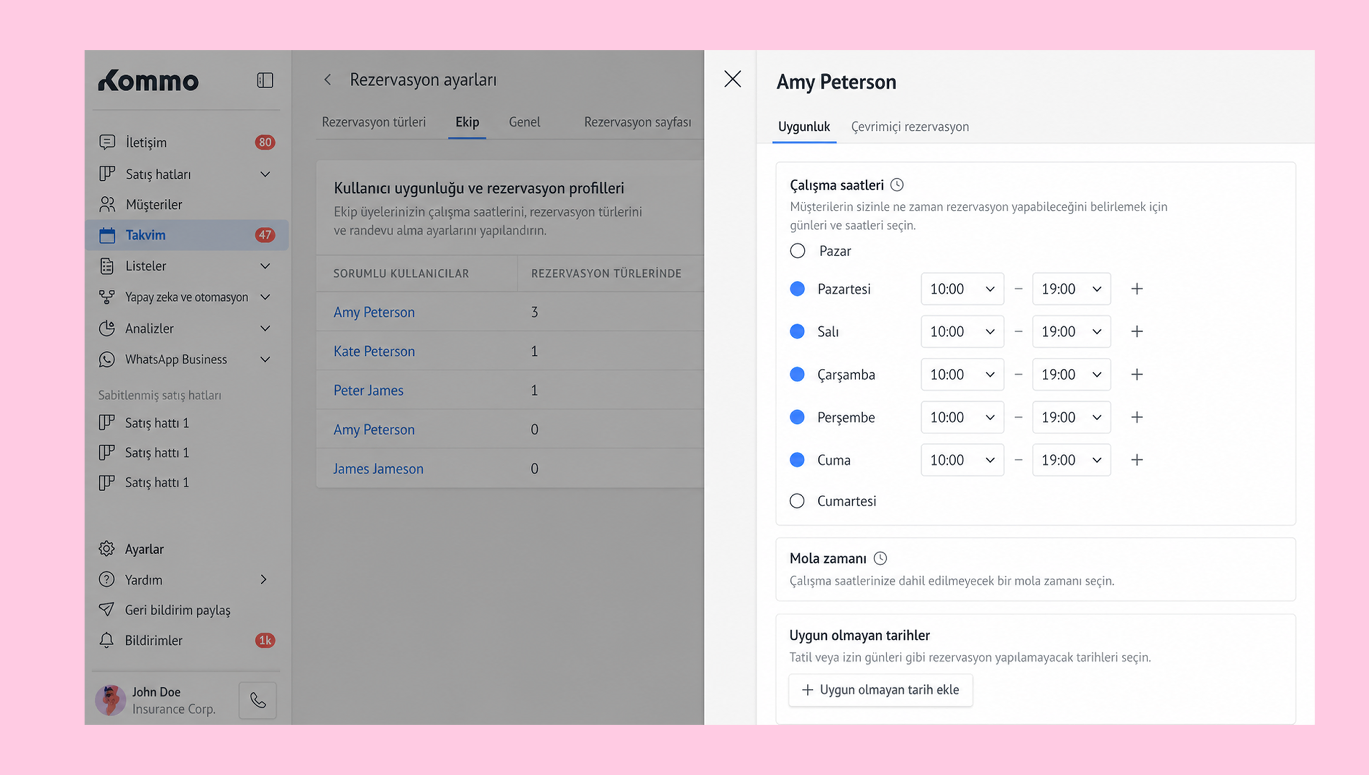 Reservation settings for team members, showing availability and working hours for Amy Peterson.
